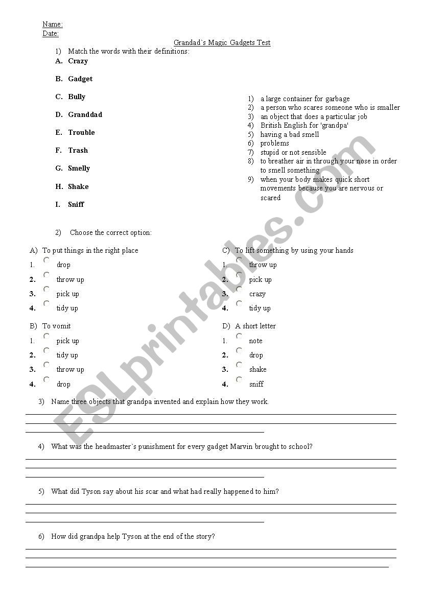 Grandad`s magic gadgets test worksheet